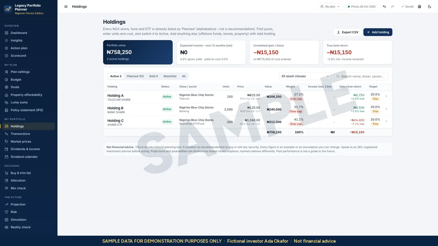 Holdings screen with three anonymised sample holdings, their value, weight and return. Watermarked SAMPLE.